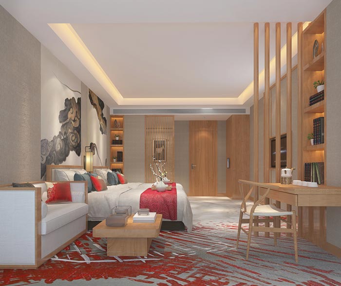 新中式主题酒店双人客房装修设计案例效果图