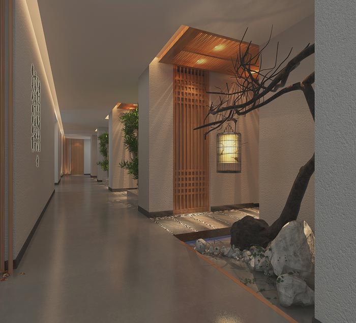 新中式主题酒店过道装修设计案例效果图